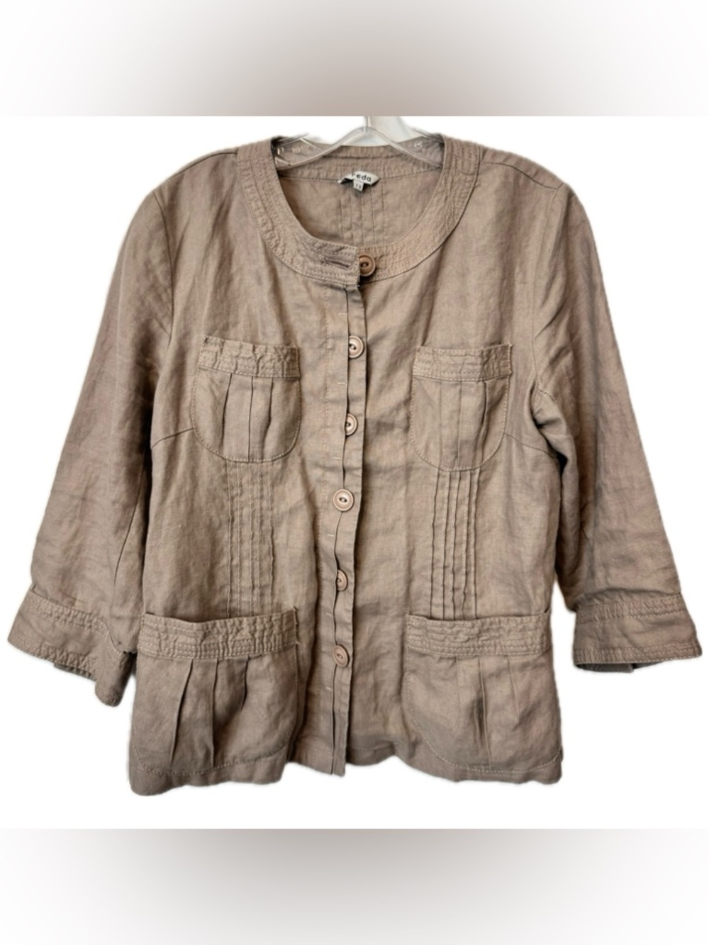 Freda Taupe Linen Jacket Button Front Utility Pocket Lightweight Blazer